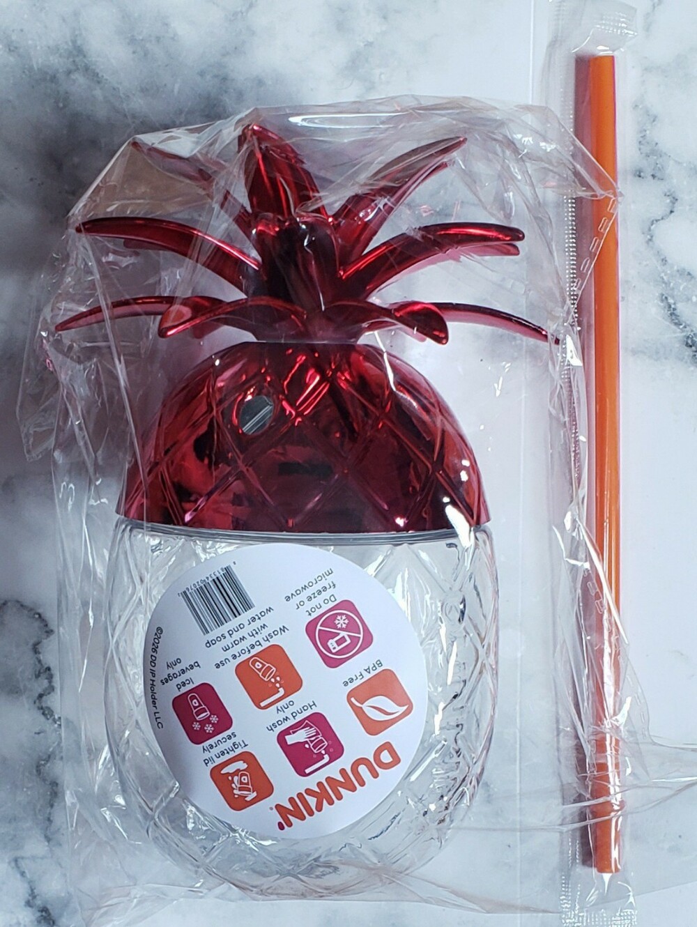 NEW! LIMITED EDITION Dunkin Barbie Pineapple Red Metallic Cup and Straw